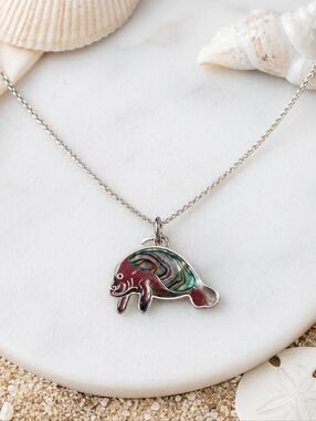 NWT Beach Chic Manatee Necklace 16” Silver Tone Abalone Shell Coastal Charm